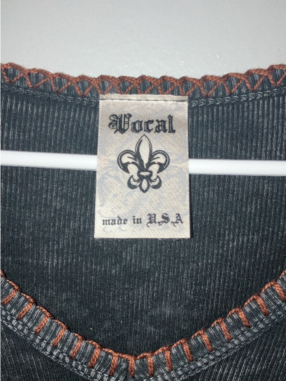 Vocal Charcoal Ribbed Long Sleeve Top with Rust Contrast Stitching - Picture 3 of 4